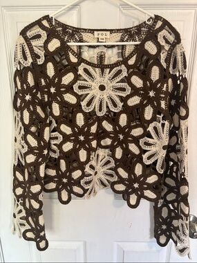 POL One Brown and Cream Crochet Floral Pullover